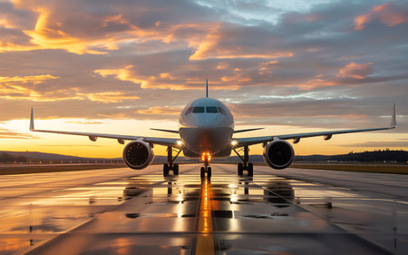 Airplane on the runway of the airport in the rays of the setting sunの素材