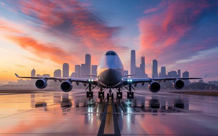 Airplane in the airport with cityscape and sunset sky background.の素材