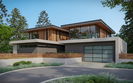 3d rendering of modern cozy house with garage and pool for sale or rent with wood plank facade. Clear sunny summer day with blue sky.の素材