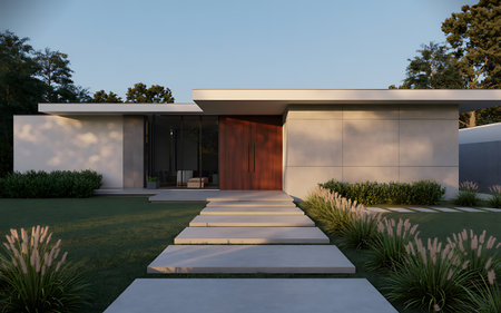 3d rendering of modern cozy house with garage and pool for sale or rent with beautiful landscaping on background. Clear summer evening with warm light from window.の素材