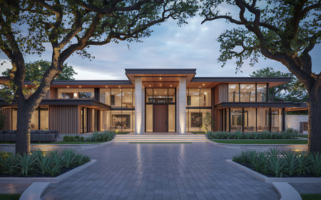 3d rendering of modern cozy house with garage and pool for sale or rent with beautiful landscaping on background. Clear summer evening with golden light.の素材