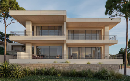 3d rendering of modern cozy house with pool and parking for sale or rent in luxurious style.の素材