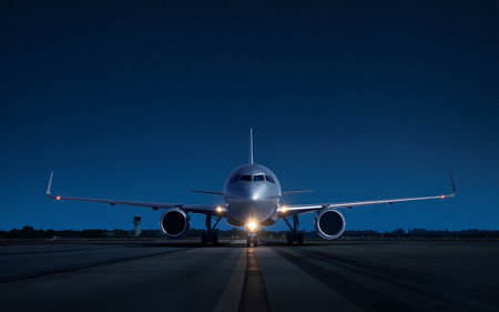 Airplane on the runway at night. Transportation and travel concept.の素材