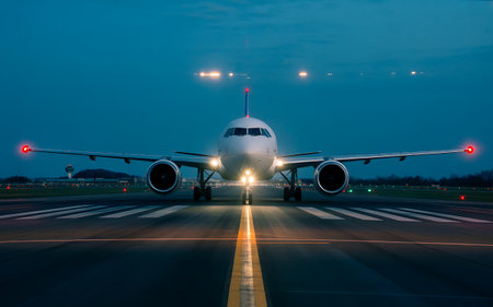 Airplane on the runway at night in the evening. Passenger airplaneの素材