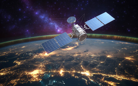 Satellite in space. 3D rendering. Elements of this image furnished by NASAの素材