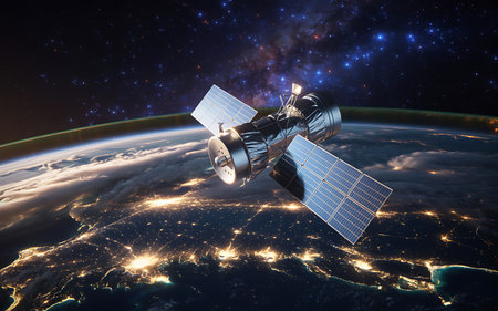 satellite in space. 3D rendering. Elements of this image furnished by NASAの素材