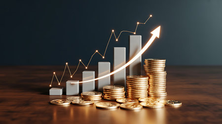 Graph of increasing columns of coins and growth arrow on dark background. Business and financial success concept. 3D Renderingの素材