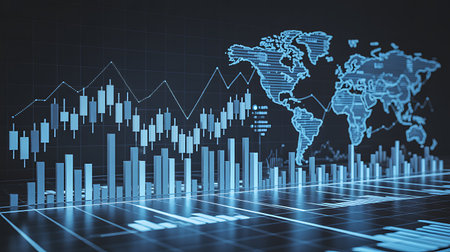 Glowing business charts and graphs on dark background. Global business and finance concept. 3D Renderingの素材