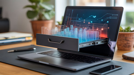 Laptop with graph on screen. Business, finance and technology conceptの素材