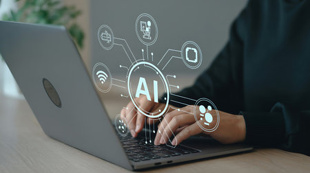 Businesswoman working on laptop with artificial intelligence (AI) concept.の素材