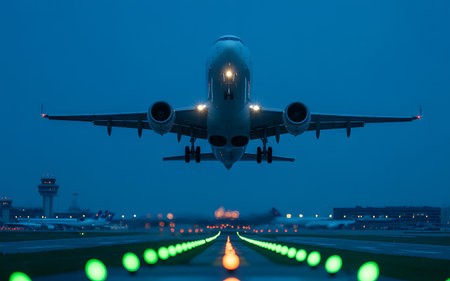 Airplane landing in airport at night with lights on the runway.の素材