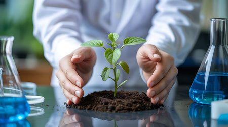 Close-up of female scientist in white coat holding small green plant in soilの素材