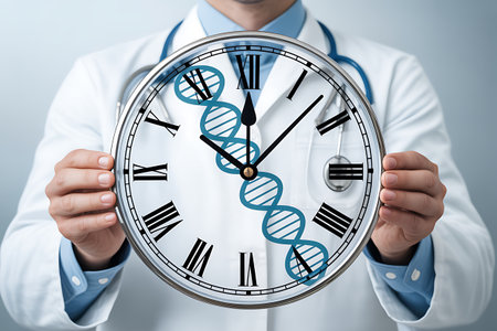 Close up of a male doctor holding a clock with DNA on itの素材