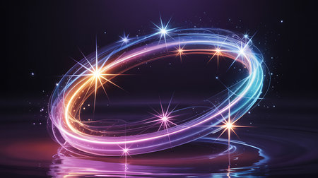 Glowing circle with stars and bokeh effect on dark backgroundの素材