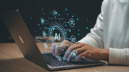 Businessman working on laptop in office. AI concept. Double exposureの素材