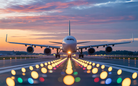 Airplane in the airport at sunset with colorful bokeh backgroundの素材