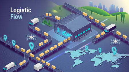 Isometric logistics and transportation concept. Vector illustration of a logistic network on the background of the world map.の素材