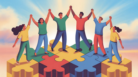 Teamwork and partnership concept. Business people joining jigsaw puzzle piece. Vector illustrationの素材