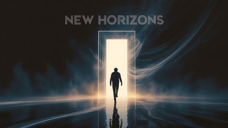 Silhouette of a man in front of a door with the word NEW HARDnessの素材