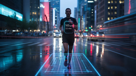 Runner athlete running on city street at night with neon light trails.の素材