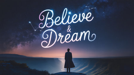 Young woman standing on the top of a hill and looking at the night sky with a glowing Believe in Dream text.の素材