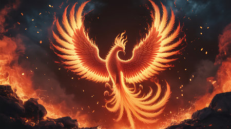 Burning fire with wings in the night sky. 3d illustrationの素材