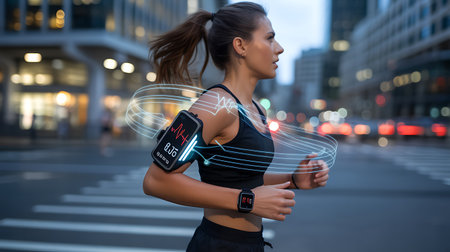 young woman running in the city at night with smart watch and fitness trackerの素材
