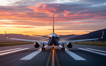 Airplane on the runway at sunset. Concept of travel and businessの素材