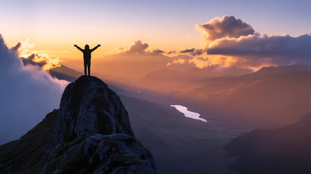 Silhouette of a man standing on top of a mountain and looking at the sunriseの素材