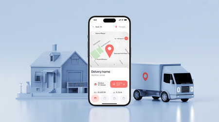3d rendering of a smart home delivery service with a mobile phoneの素材