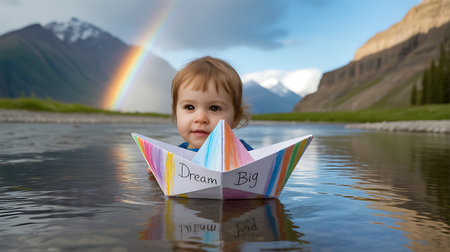 Baby with paper boat in the lake. Cloudy sky and rainbowの素材