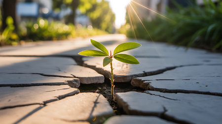 Green sprout growing from crack in the ground with sunlight. Nature backgroundの素材