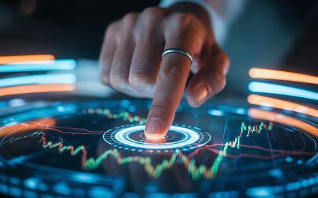 businessman hand working with virtual panel of stock market on virtual screenの素材