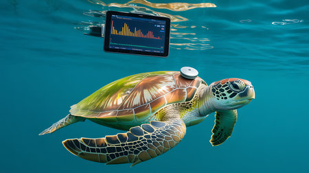 Green sea turtle in the blue sea with a monitor and a monitor.の素材