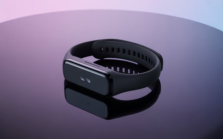 Black smart watch on a black background with reflection. Isolated.の素材