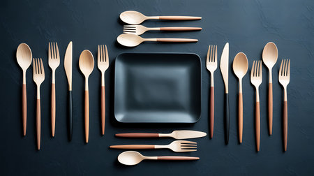 Plate with wooden cutlery on black background, top viewの素材