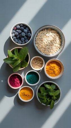 bowls with oatmeal, blueberries, turmeric and turmeric powderの素材