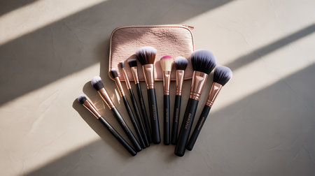 Makeup brushes and cosmetic bag on white background. Top view.の素材