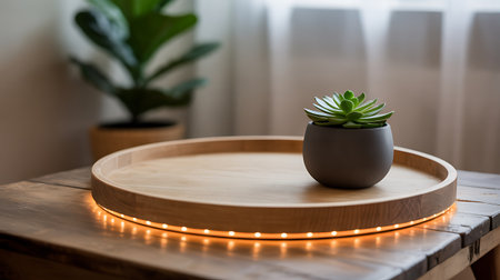 Echeveria succulent plant in a round vase on a wooden tableの素材
