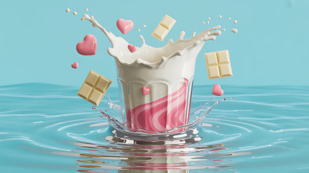 Milk splash with chocolate cubes in the form of heart. 3d renderingの素材