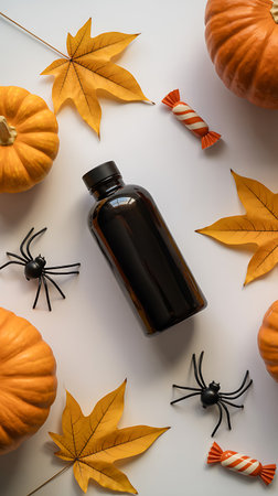 Halloween pumpkins, candy canes and spiders on white backgroundの素材