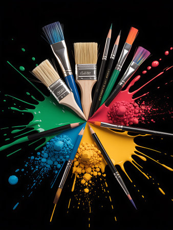 Paint brushes and colorful paint splashes isolated on black background.の素材