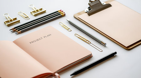 Pencils, notebook and clip on white background with copy spaceの素材