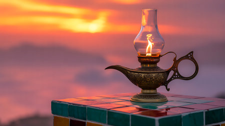 Arabic lamp with a burning candle on the background of the sunsetの素材