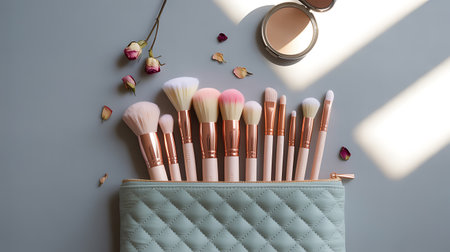 Makeup brushes in a cosmetic bag on a gray background with shadowsの素材