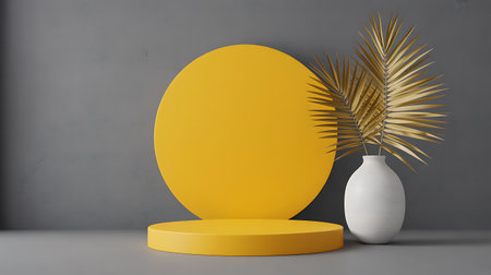 Minimal scene with yellow circle podium and palm leaf. 3D renderingの素材