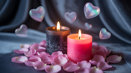 Romantic valentines day background with burning candles and rose petalsの素材