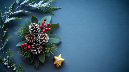 Christmas decoration with fir branches, cones and berries on dark blue backgroundの素材