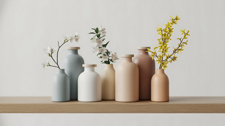 3d render of vases with flowers on wooden shelf against white wallの素材