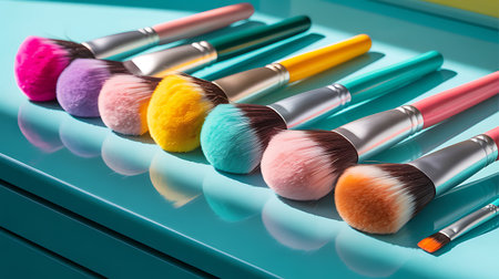 Set of makeup brushes on blue background. Close-up view.の素材